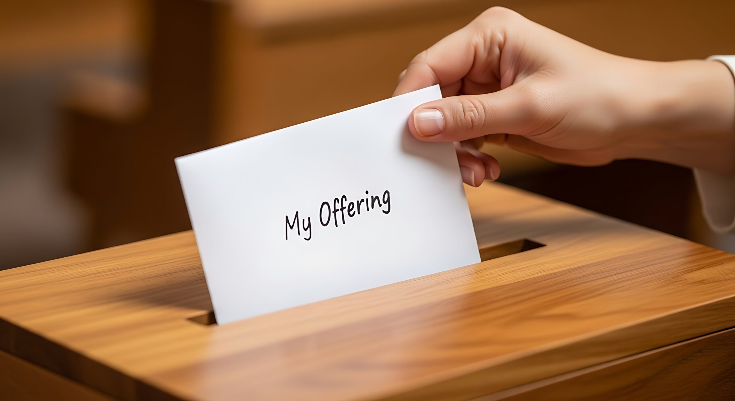 Hand placing a My Offering card into a wooden offering box